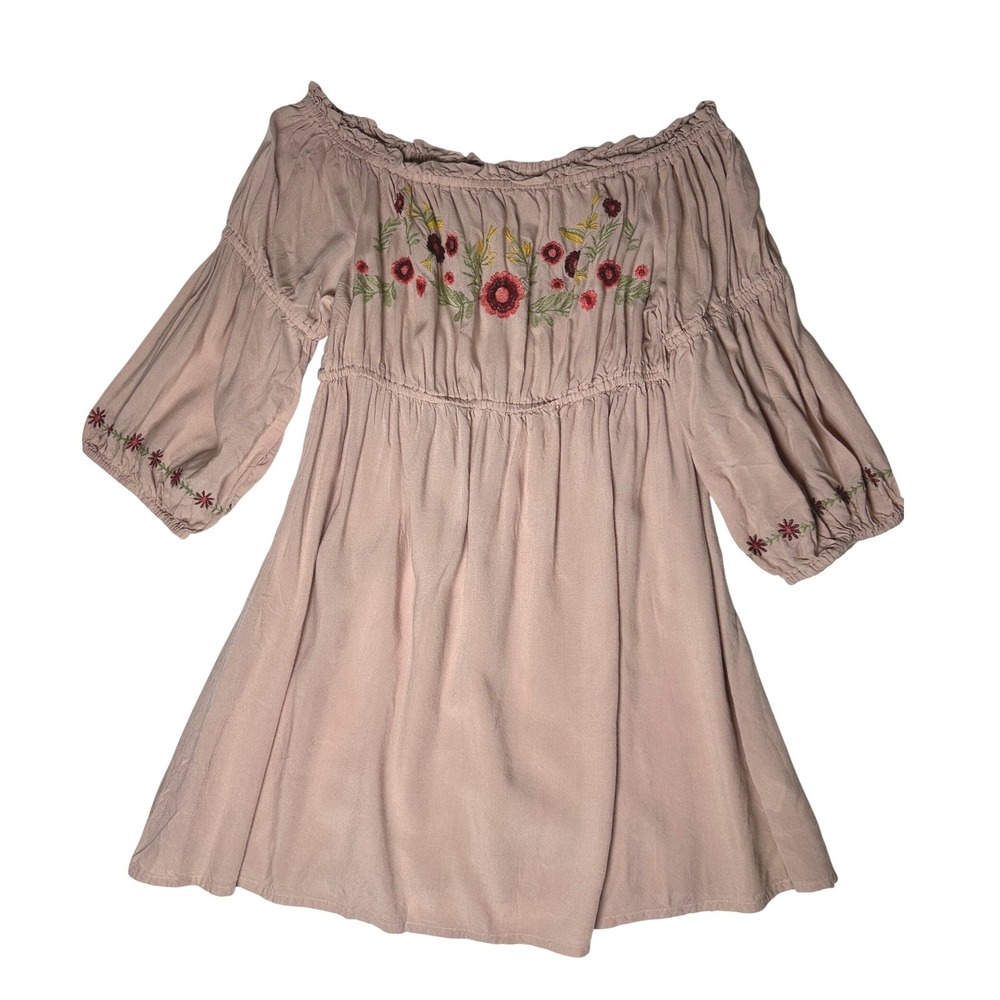Boho Floral Embroidered Off Shoulder Tunic Dress XL Mauve Cottagecore - Picture 2 of 5